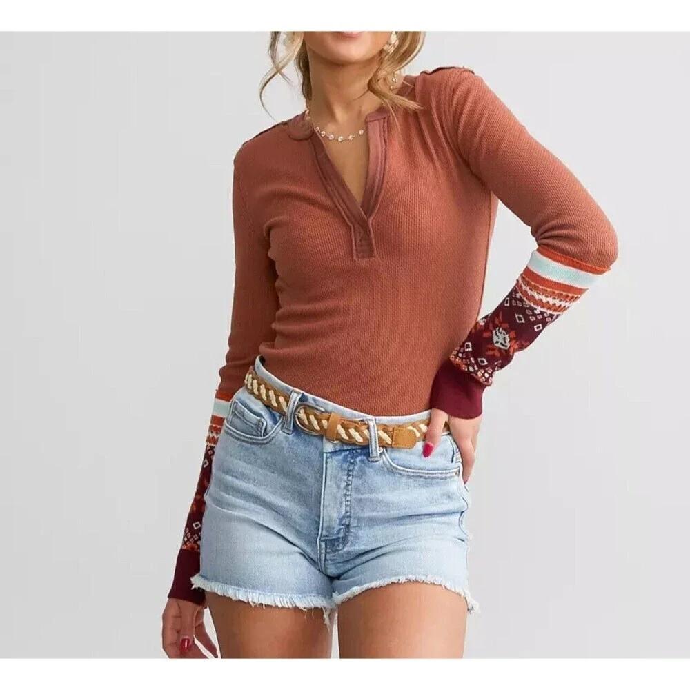 Free People Mikah Notch Neck Top Thermal Fair Isle Sleeves Autumn Combo XS‎ NWT